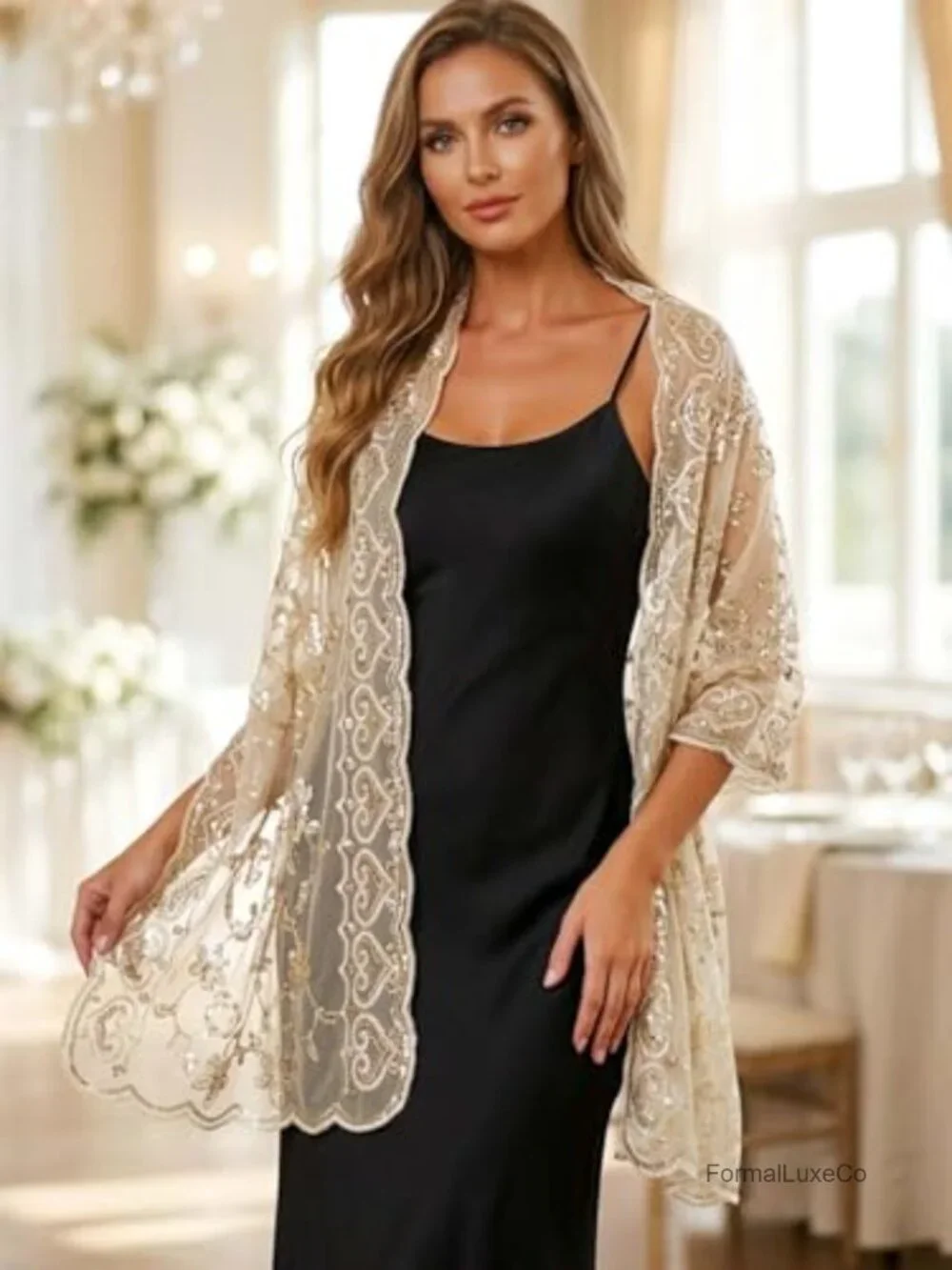 Gold Sequin Shawl Wrap for Women Evening Party Wedding Bridal Stole